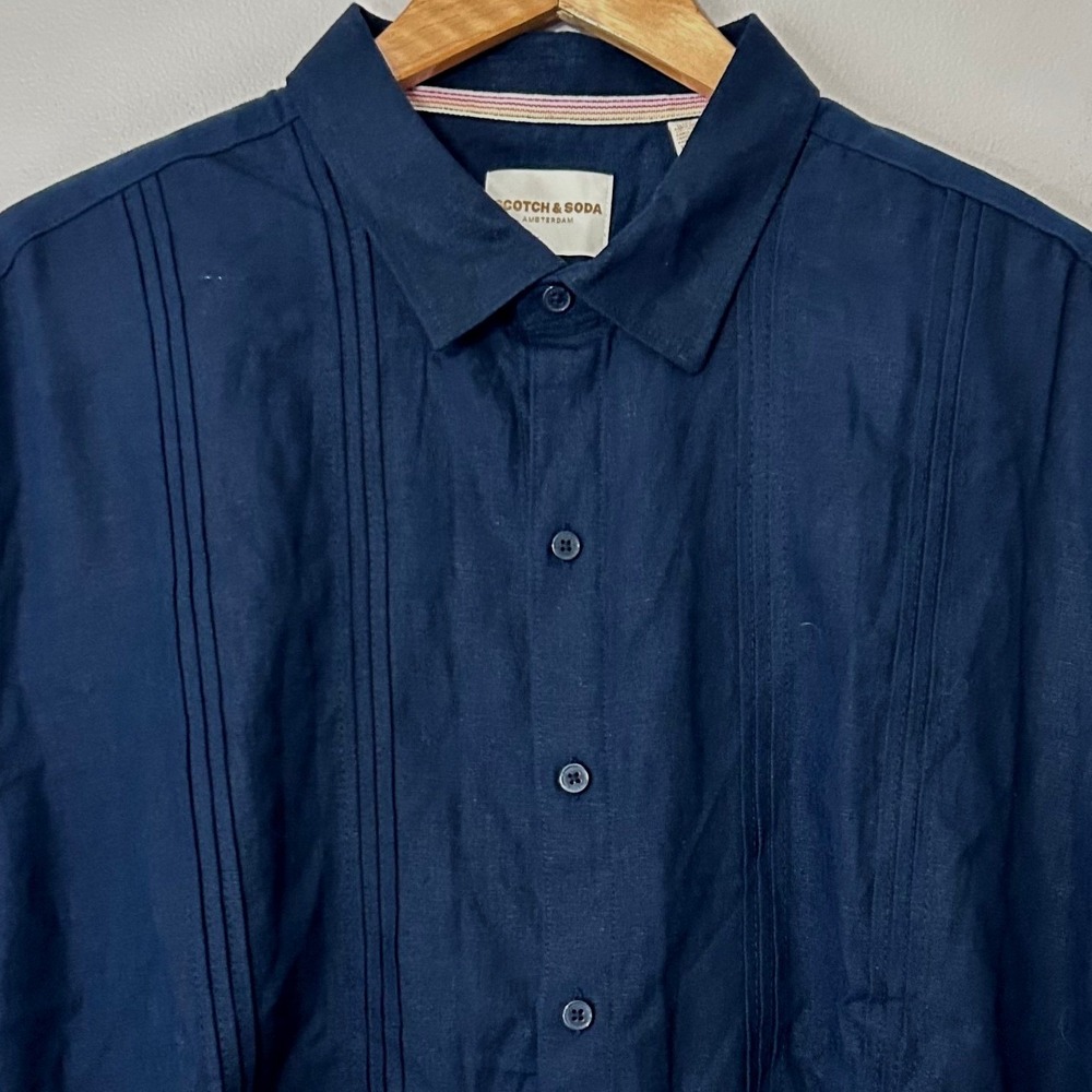 Scotch & Soda Guayabera Shirt Mens XXL Navy Linen Blend Pintuck Short Sleeve